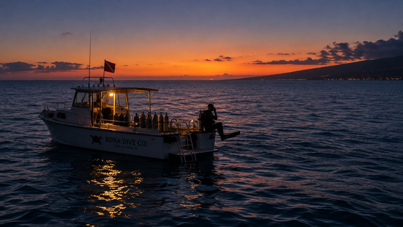 A silhouette of a diver preparing to enter the ocean from a Kona Dive Co boat at sunset.