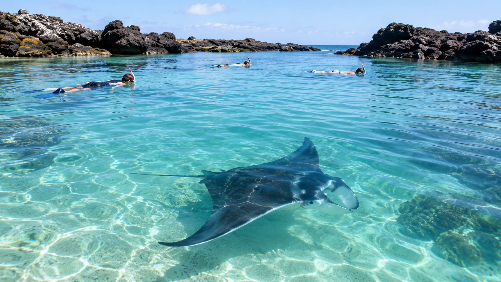 Tourists snorkeling in shallow clear tropical water while a manta ray swims gracefully beneath them.