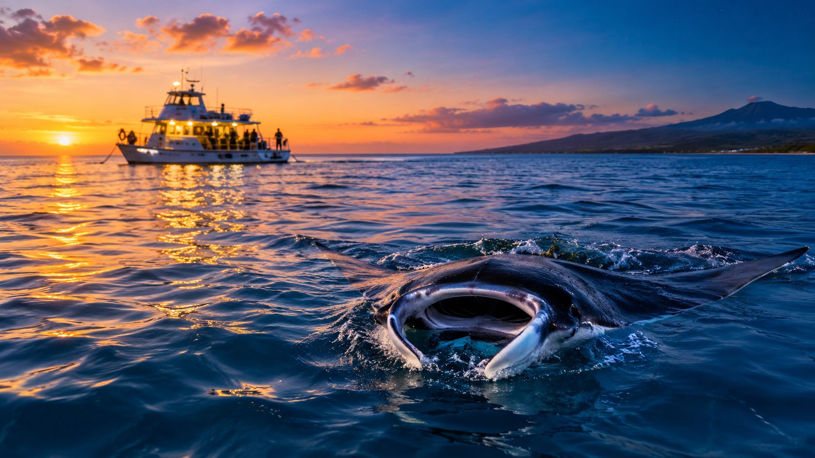 A majestic manta ray swimming near a tour boat during a vibrant sunset in Hawaii waters.