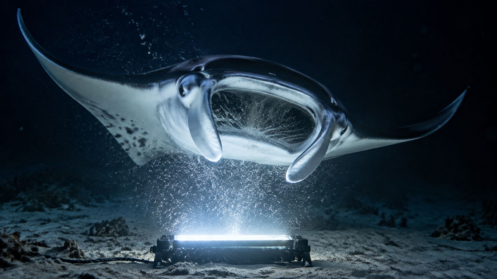 A majestic manta ray swimming above a bright underwater light fixture on the sandy ocean floor