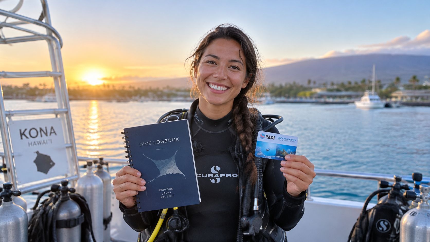 A smiling woman in scuba gear holding a dive logbook and a PADI certification card on a boat.