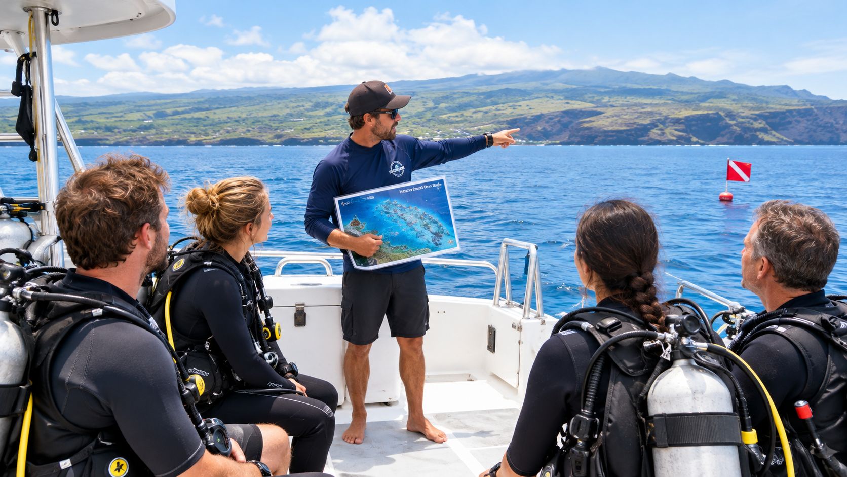 A dive instructor points to a location at sea while explaining a map to scuba divers on a boat.