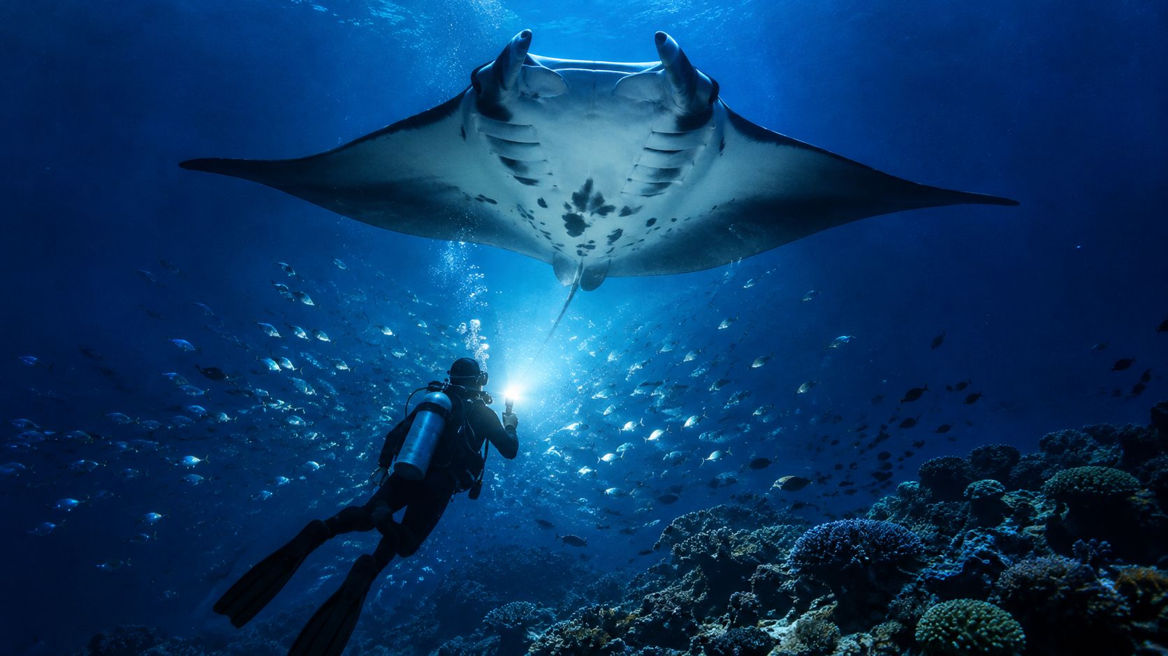A scuba diver explores a vibrant coral reef while swimming underneath a giant manta ray underwater.