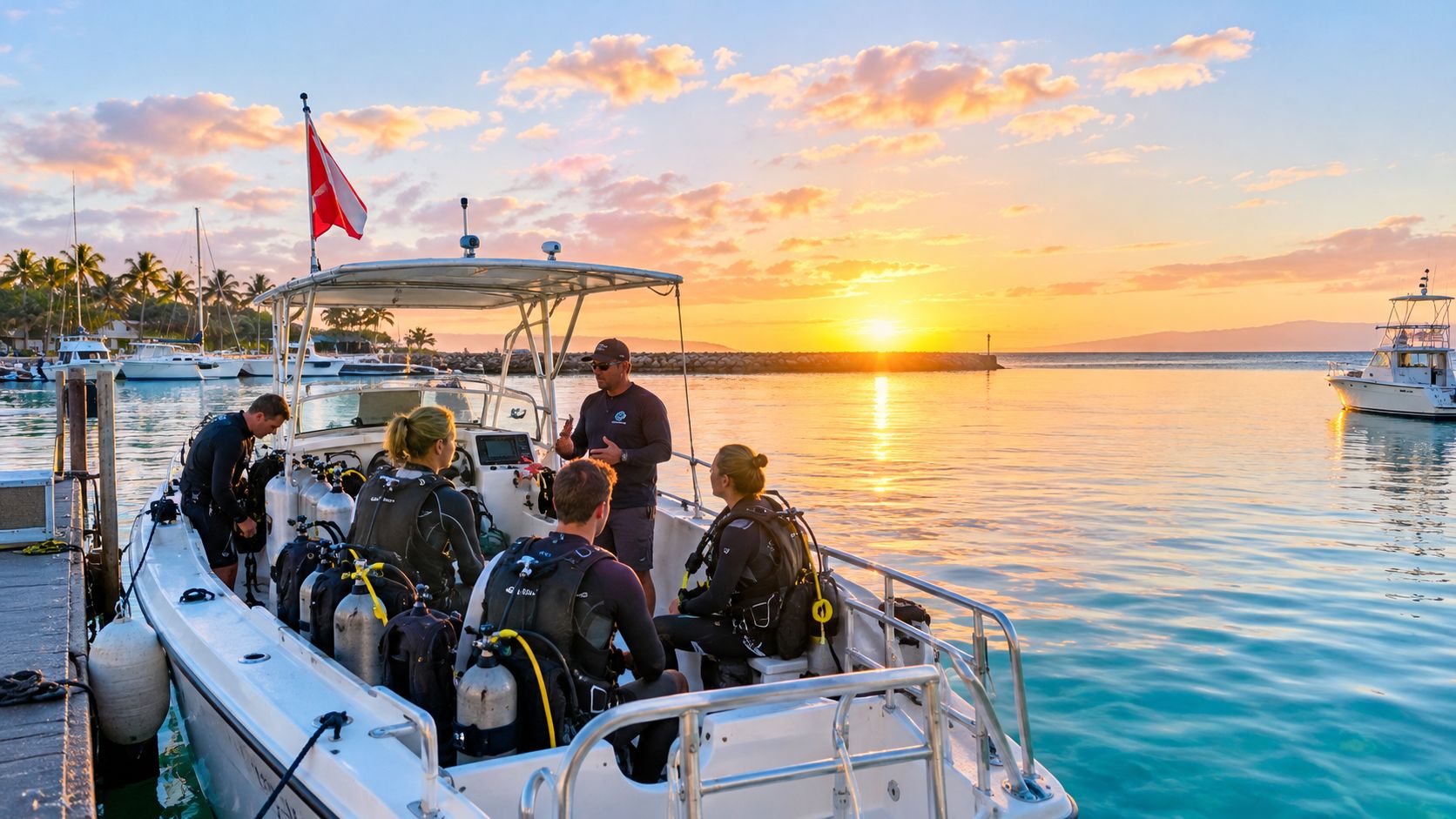 A scuba diving instructor briefs a group of divers on a boat at sunrise in Hawaii.