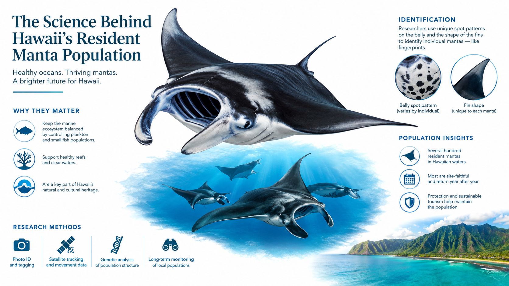An infographic detailing scientific facts, identification methods, and population insights about Hawaii's resident manta ray population.