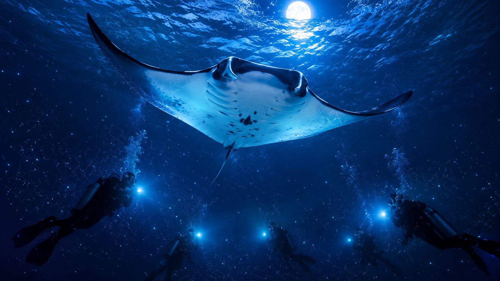 Scuba divers use underwater lights to view a majestic manta ray swimming in deep blue ocean waters.
