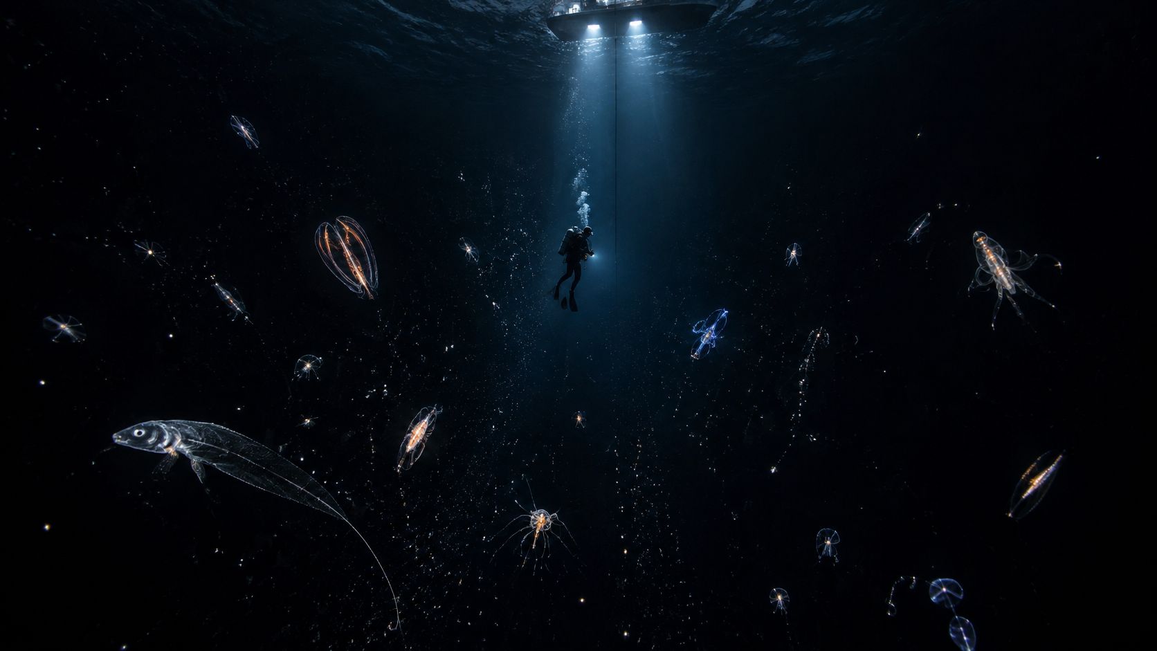 A scuba diver explores the deep dark ocean at night surrounded by glowing bioluminescent sea creatures