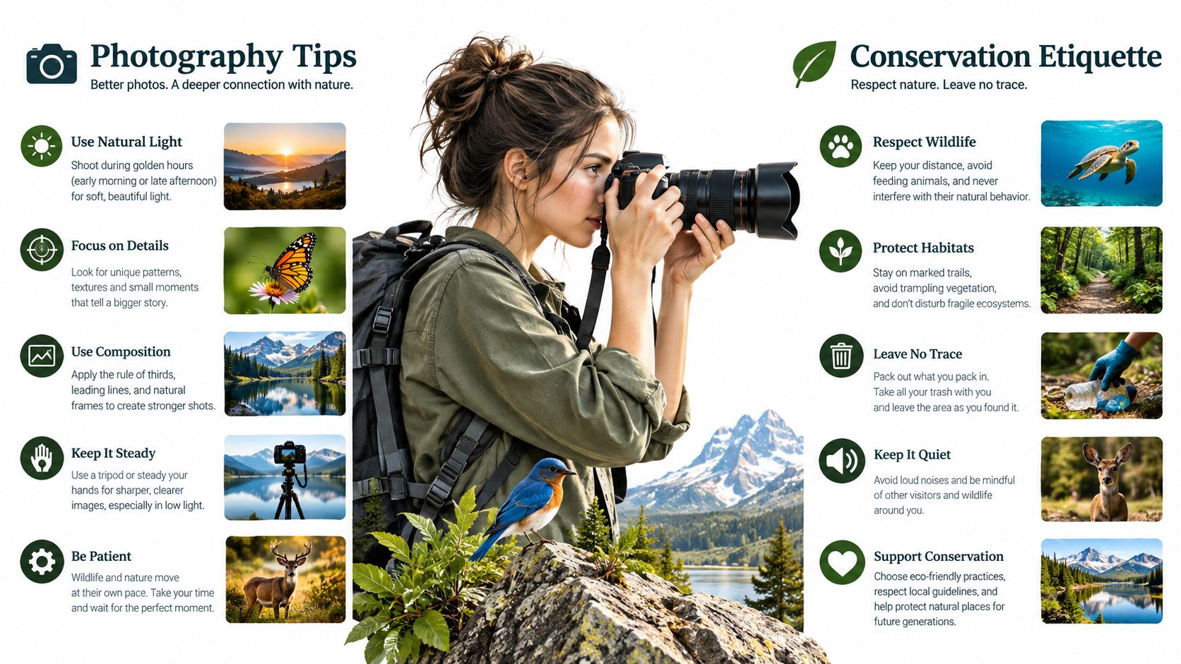 A woman photographing nature with a professional camera, featuring informative guides on photography tips and conservation etiquette.