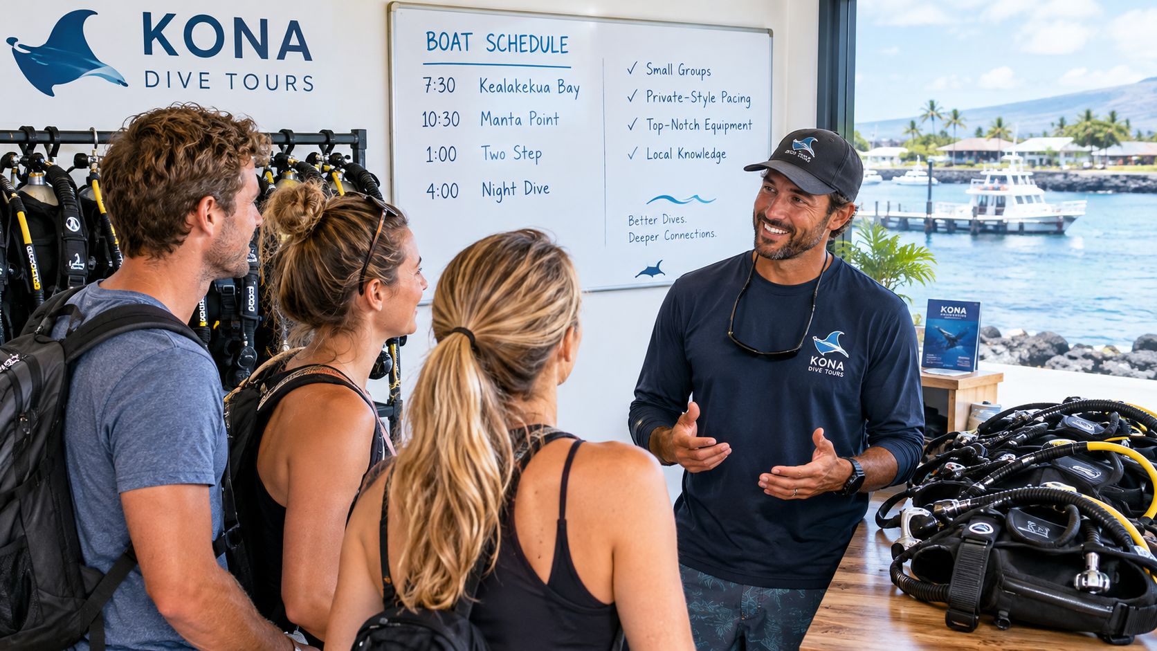 A smiling dive instructor discussing the boat schedule with two customers at a Kona Dive Tours shop.
