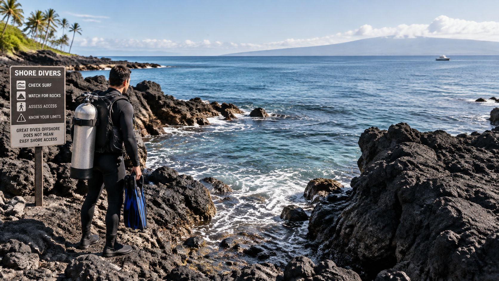 A scuba diver wearing full gear standing on volcanic rocks looking at the ocean in Kailua Kona.