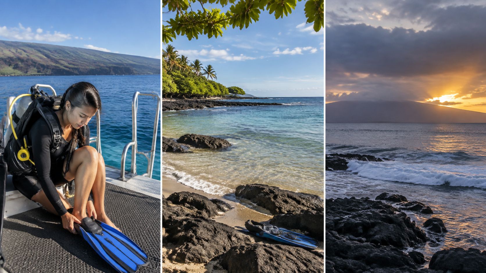 A triptych showing a woman putting on scuba fins, a tropical beach with snorkeling gear, and a sunset.