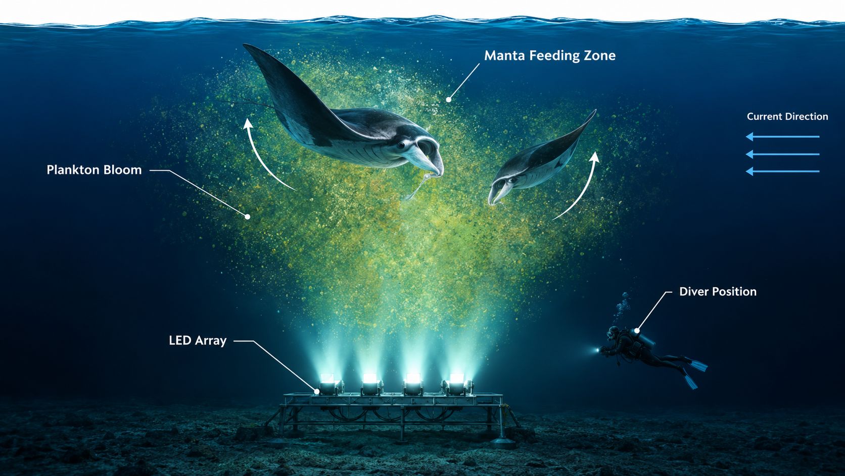 An underwater illustration showing manta rays feeding on a plankton bloom attracted by an LED light array.
