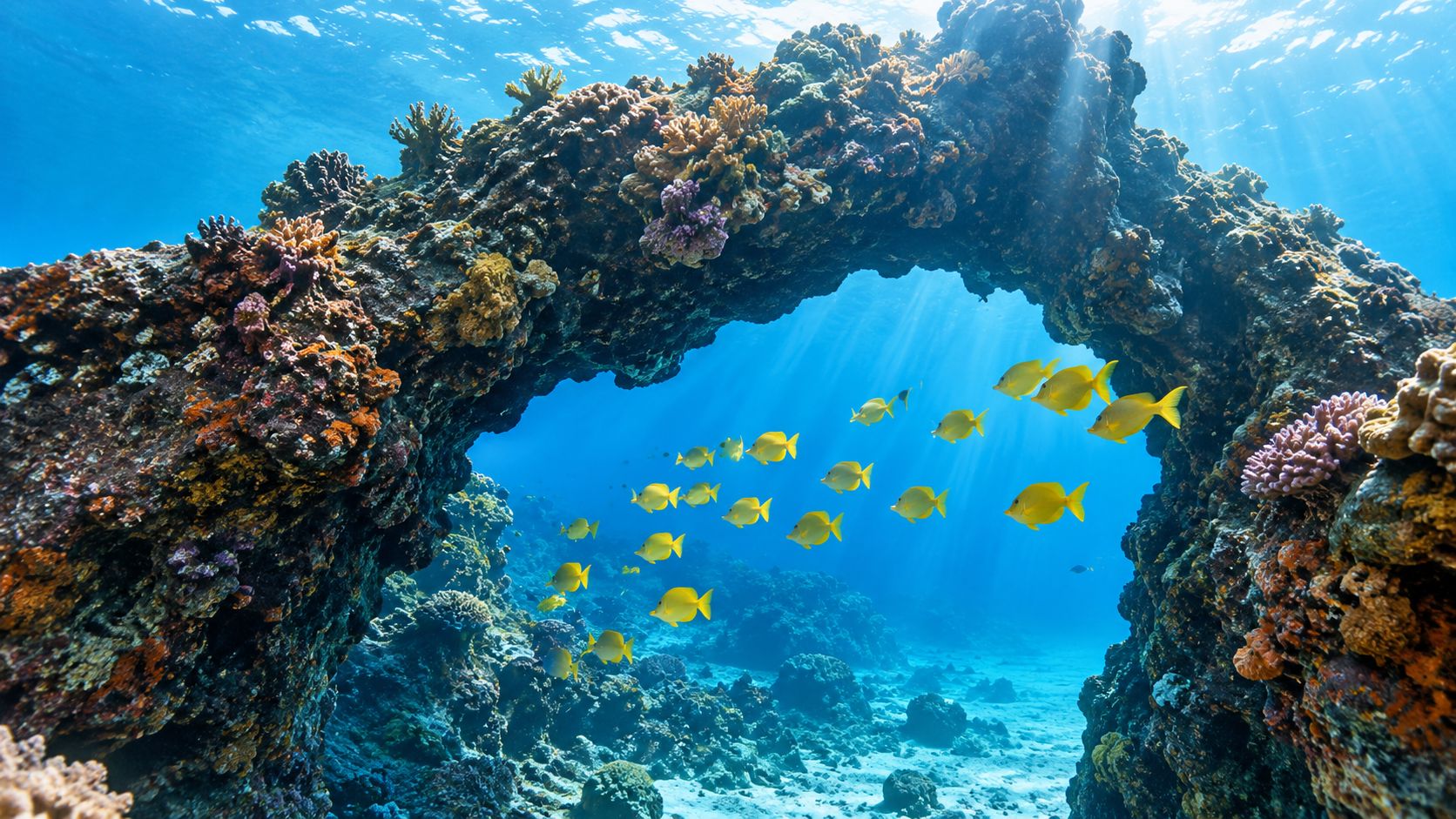 A school of vibrant yellow tang fish swimming through a natural underwater rock arch in Hawaii.