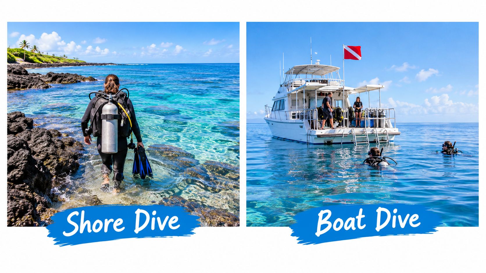 A split image showing a scuba diver entering the water from a rocky shore and a boat dive excursion.