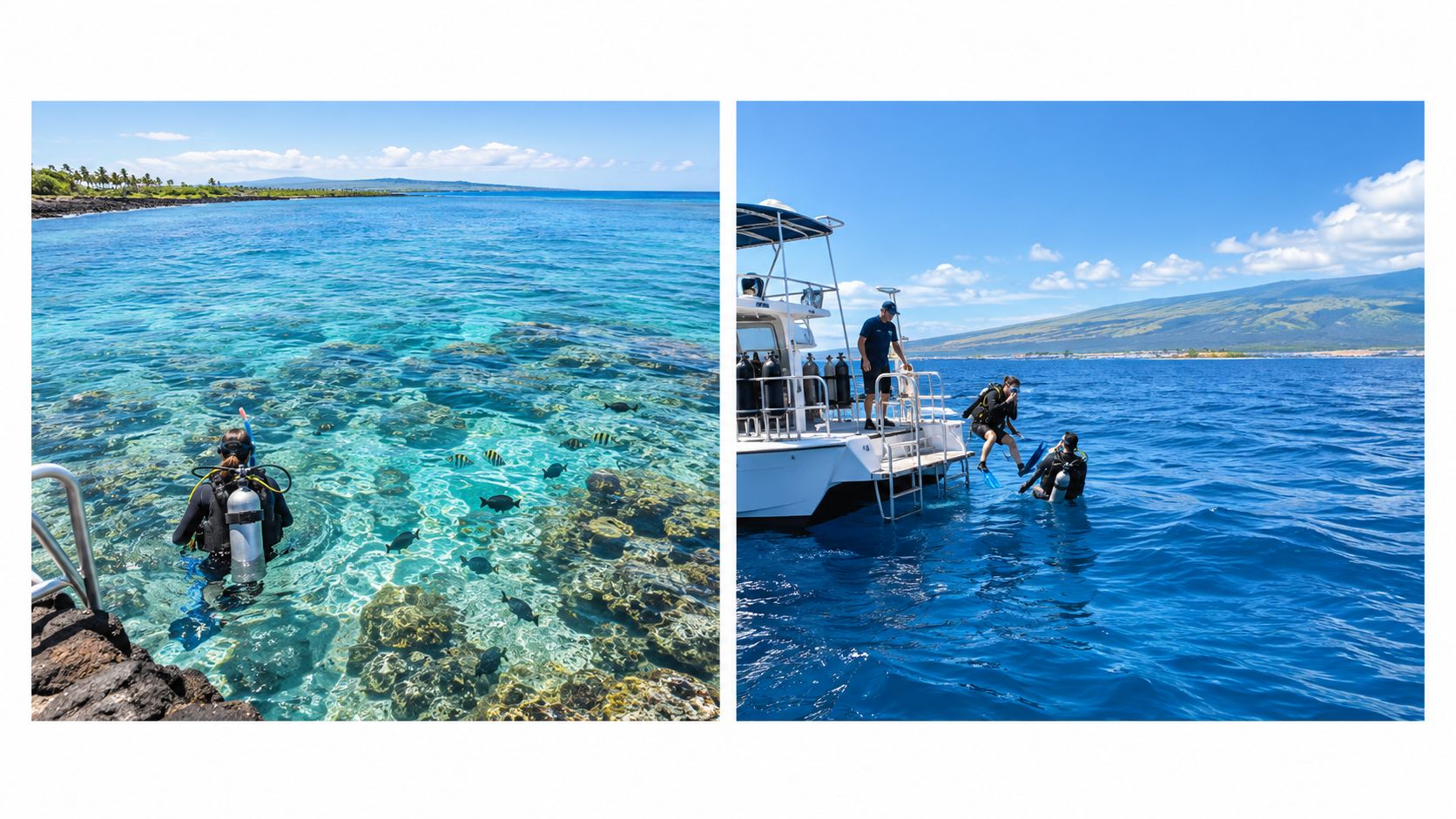 A split-screen showing a scuba diver entering shallow tropical waters and divers boarding a boat in Kona.