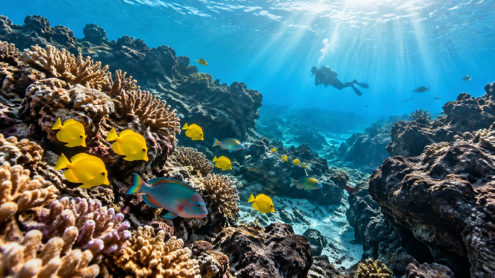 A scuba diver explores a colorful coral reef teeming with yellow tangs and parrotfish in clear water.