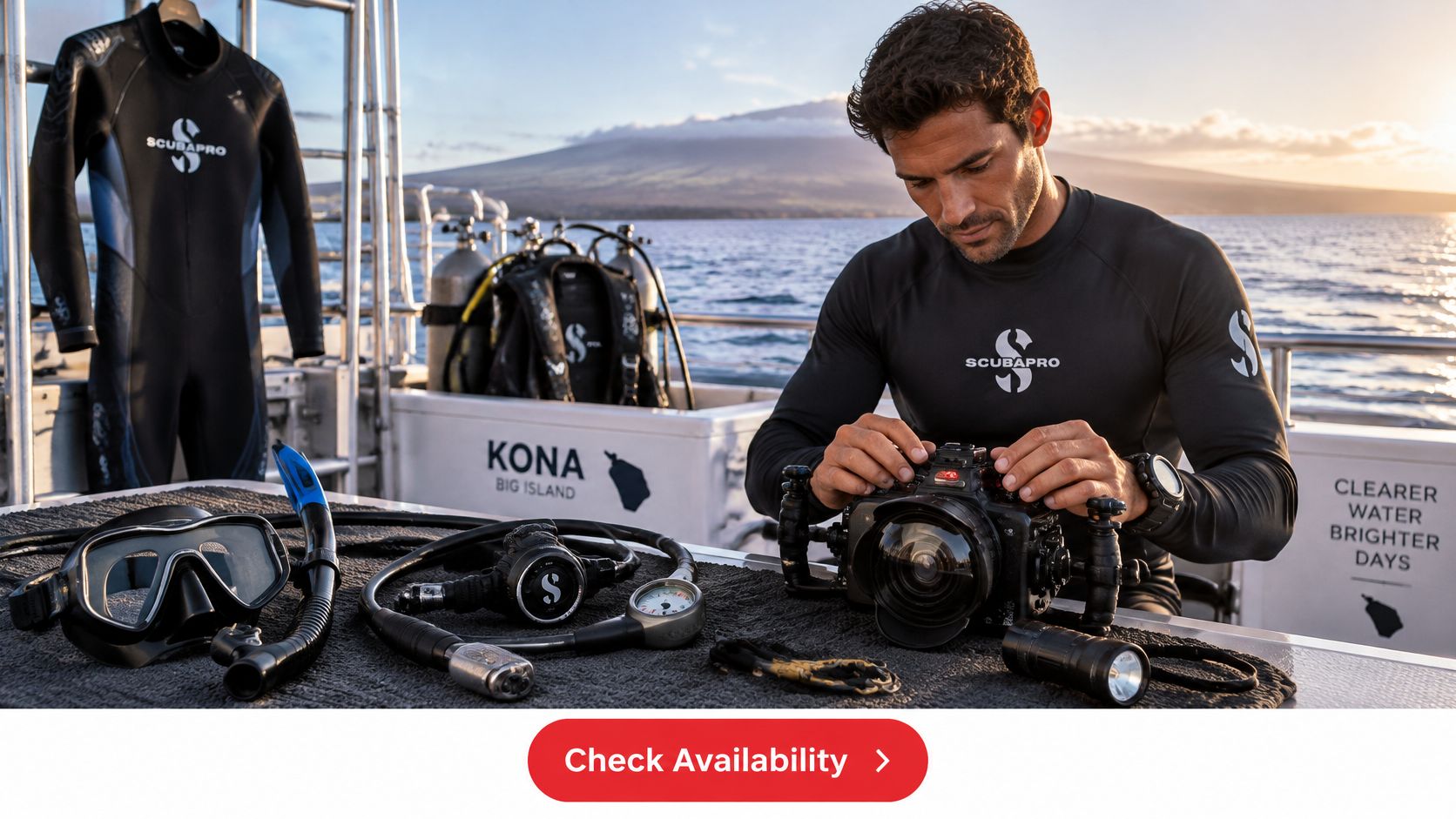 A professional diver prepares underwater camera equipment on a boat deck in Kona, Hawaii before diving.