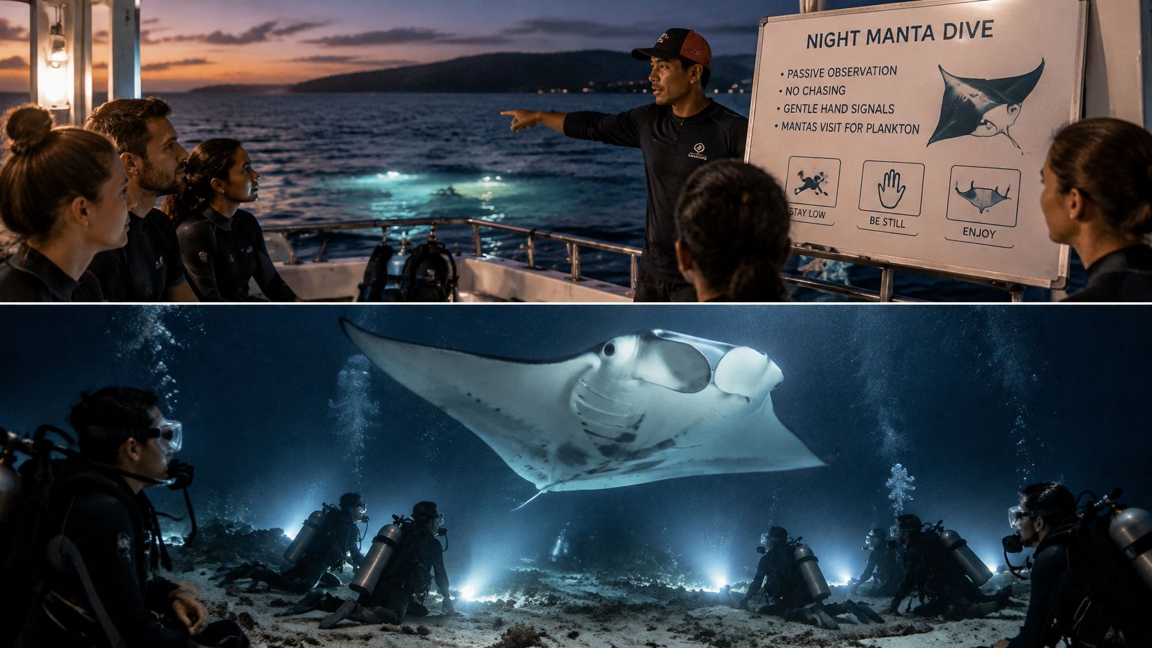 A scuba instructor briefing divers before a night manta ray dive and the group underwater with a manta.