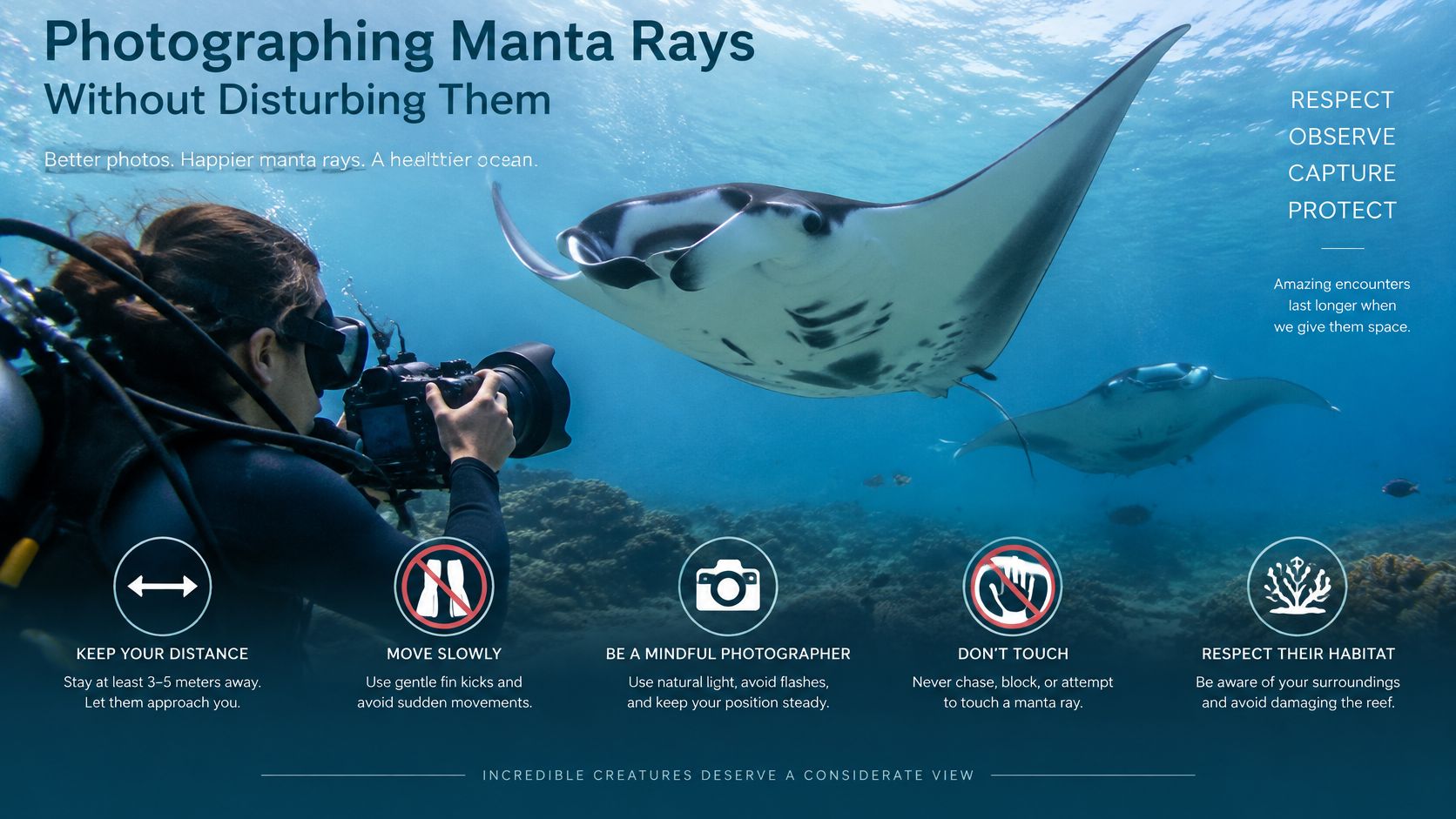 A scuba diver photographing manta rays underwater while following ethical guidelines for wildlife interaction.