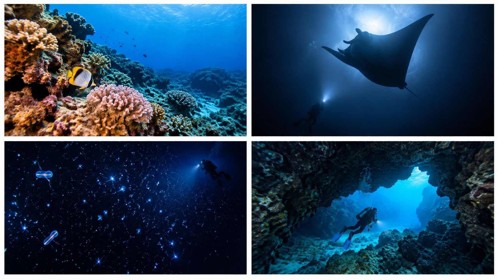 A collage showing various underwater scenes including a coral reef, a manta ray, plankton, and cavern diving.