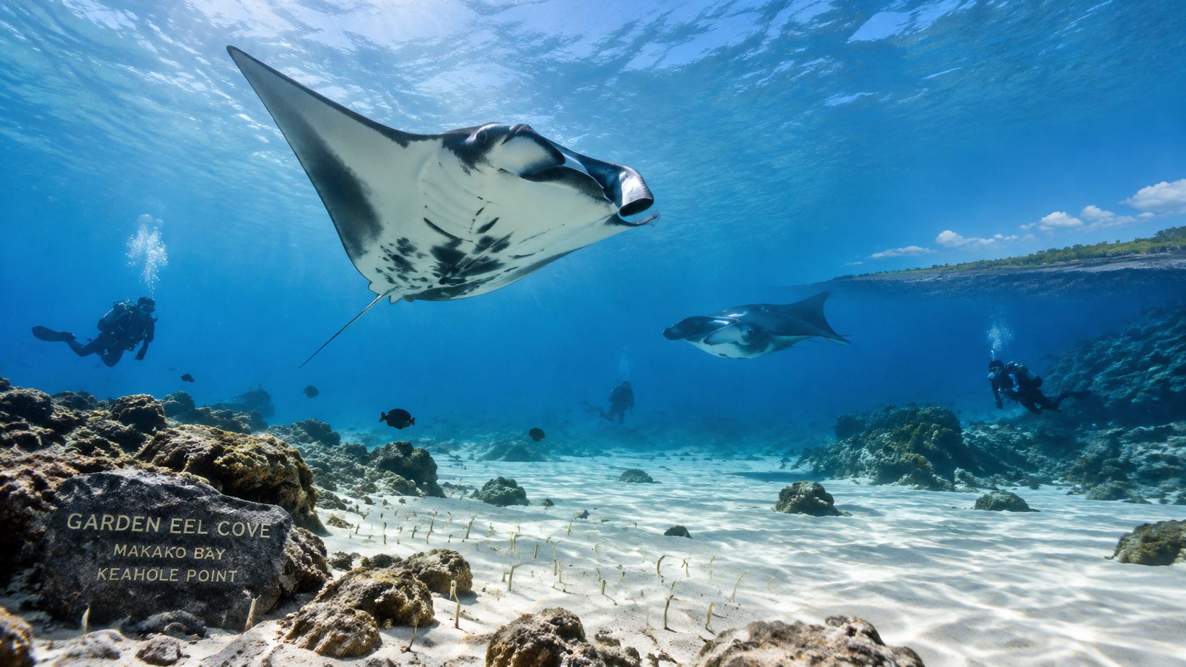 Scuba divers swimming alongside manta rays in the clear waters of Garden Eel Cove near Keahole Point, Hawaii.