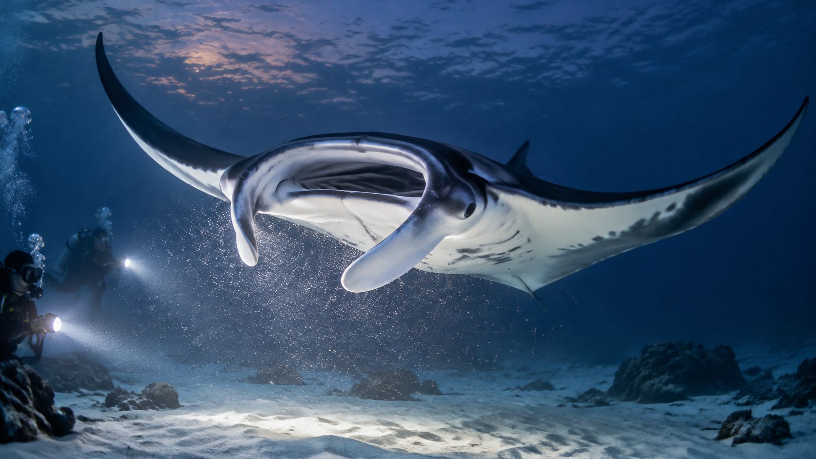 A majestic manta ray swimming gracefully underwater while two scuba divers illuminate it with bright flashlights.