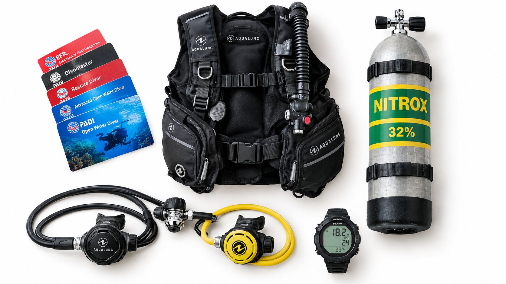 A complete set of scuba diving gear including a buoyancy compensator, a metal air tank, regulators, and certification cards.