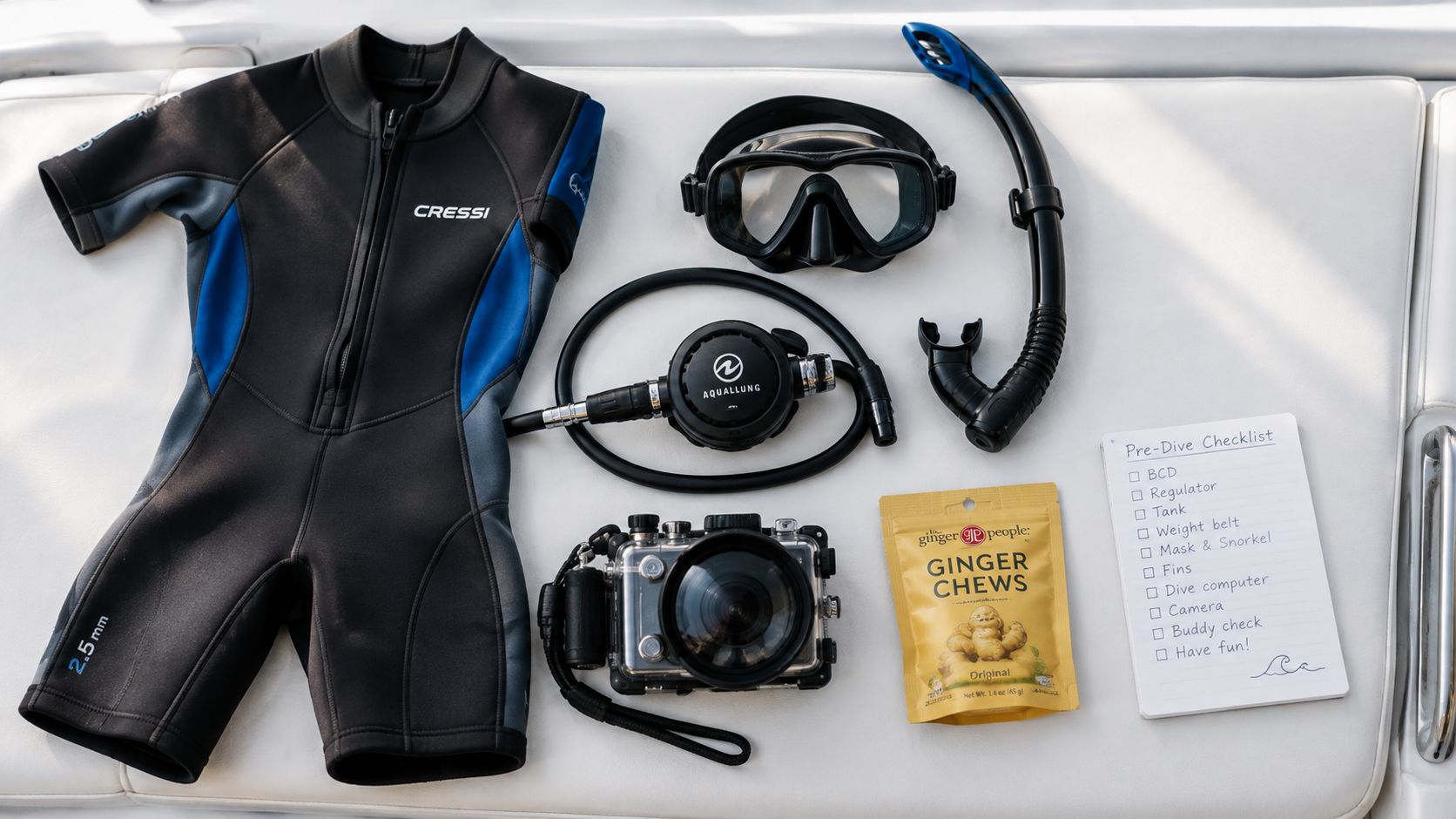 Scuba diving equipment including a wetsuit, mask, snorkel, regulator, camera, and ginger chews on a boat seat.