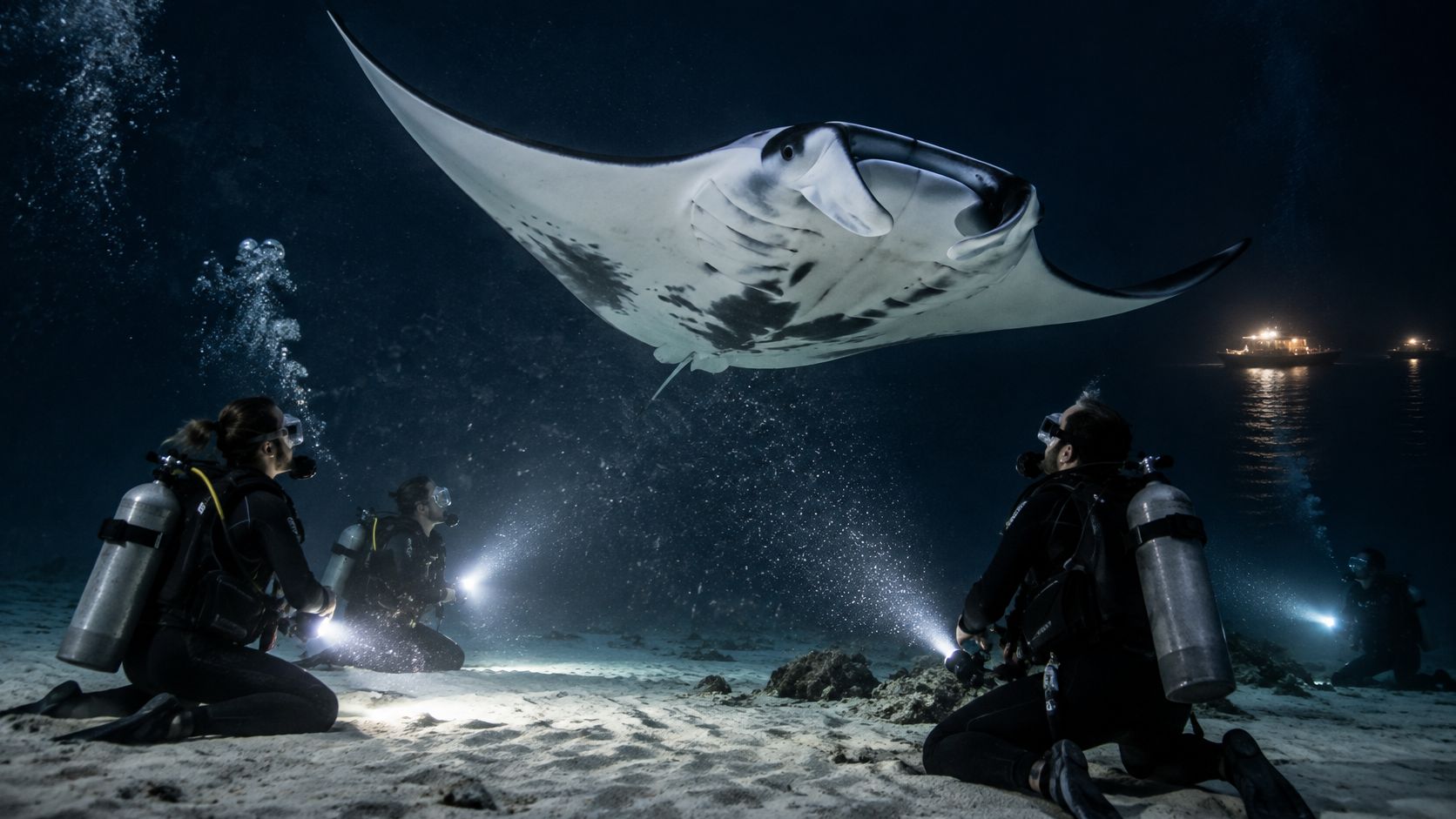 Scuba divers with flashlights observing a large manta ray swimming underwater at night in the ocean
