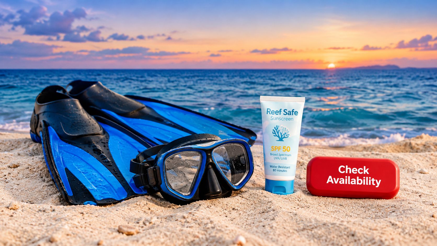 Snorkeling gear and reef safe sunscreen on a sandy beach at sunset by the ocean.