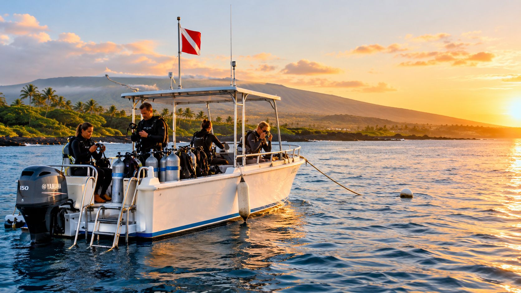 Scuba divers preparing equipment on a small boat near the coast during a beautiful sunset in Hawaii.