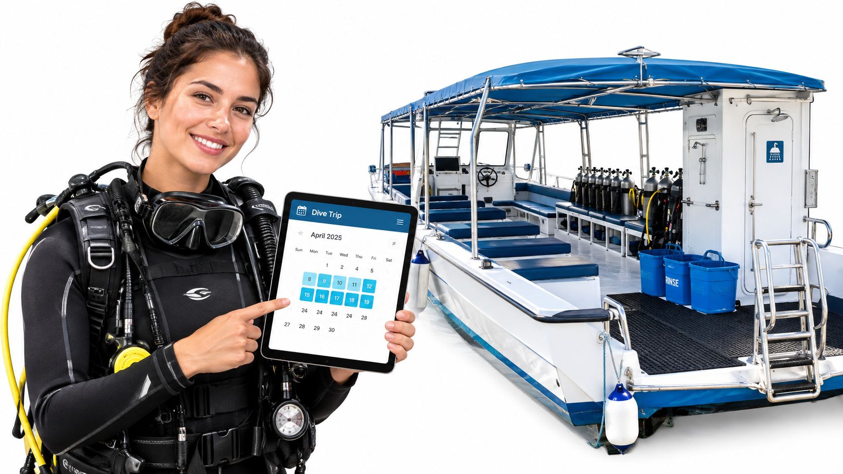A female scuba diver holding a digital calendar pointing to an upcoming dive trip date on tablet.