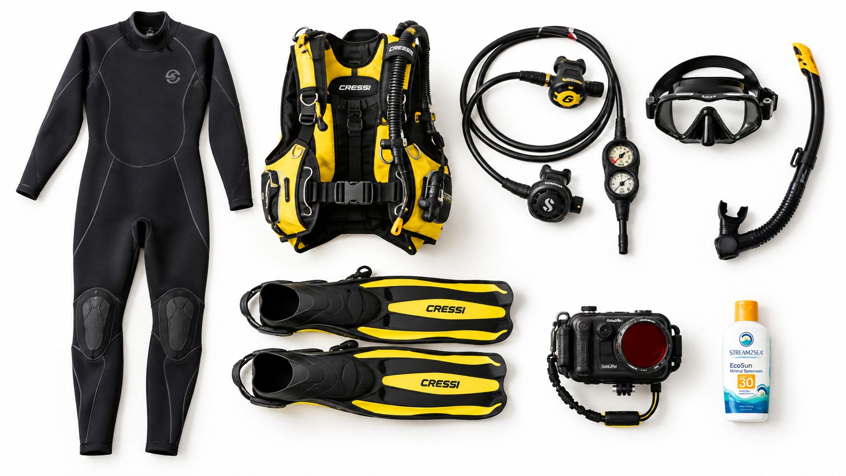 A complete set of scuba diving gear including a wetsuit, buoyancy control device, regulator, mask, snorkel, fins, camera, and sunscreen.