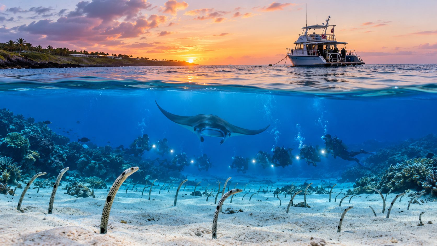 Scuba divers watch a manta ray glide over a sandy seabed filled with spotted garden eels at sunset.