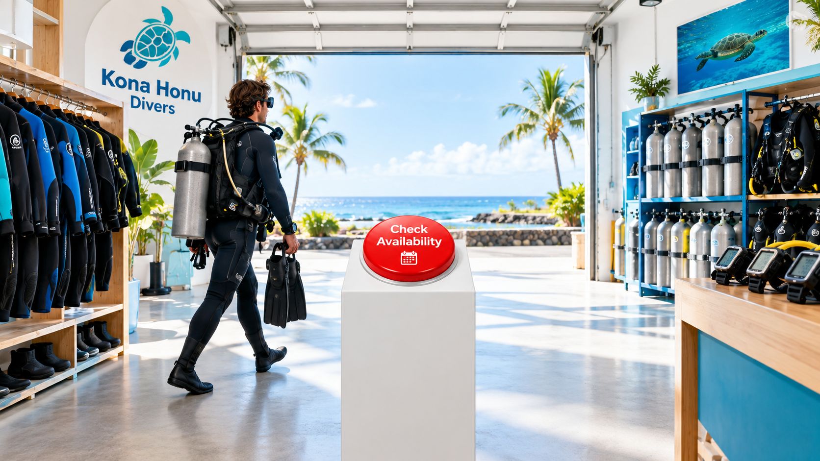 A scuba diver walks toward the ocean view through a dive shop with a red availability button.
