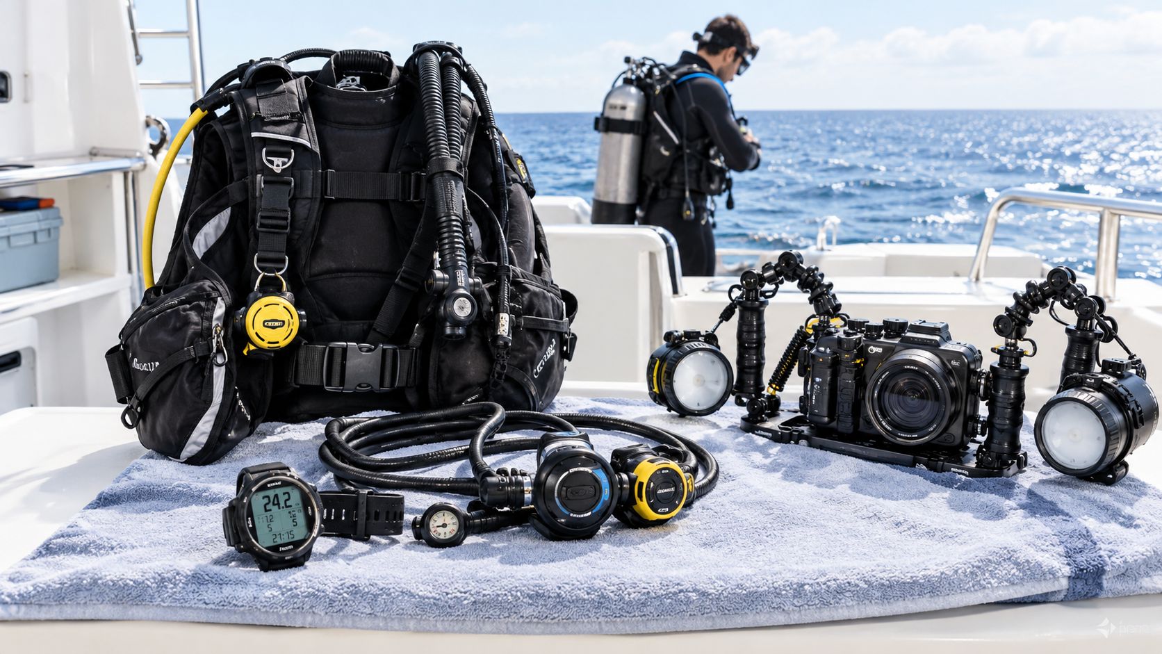Scuba diving equipment and an underwater camera rig displayed on a towel on a boat deck.