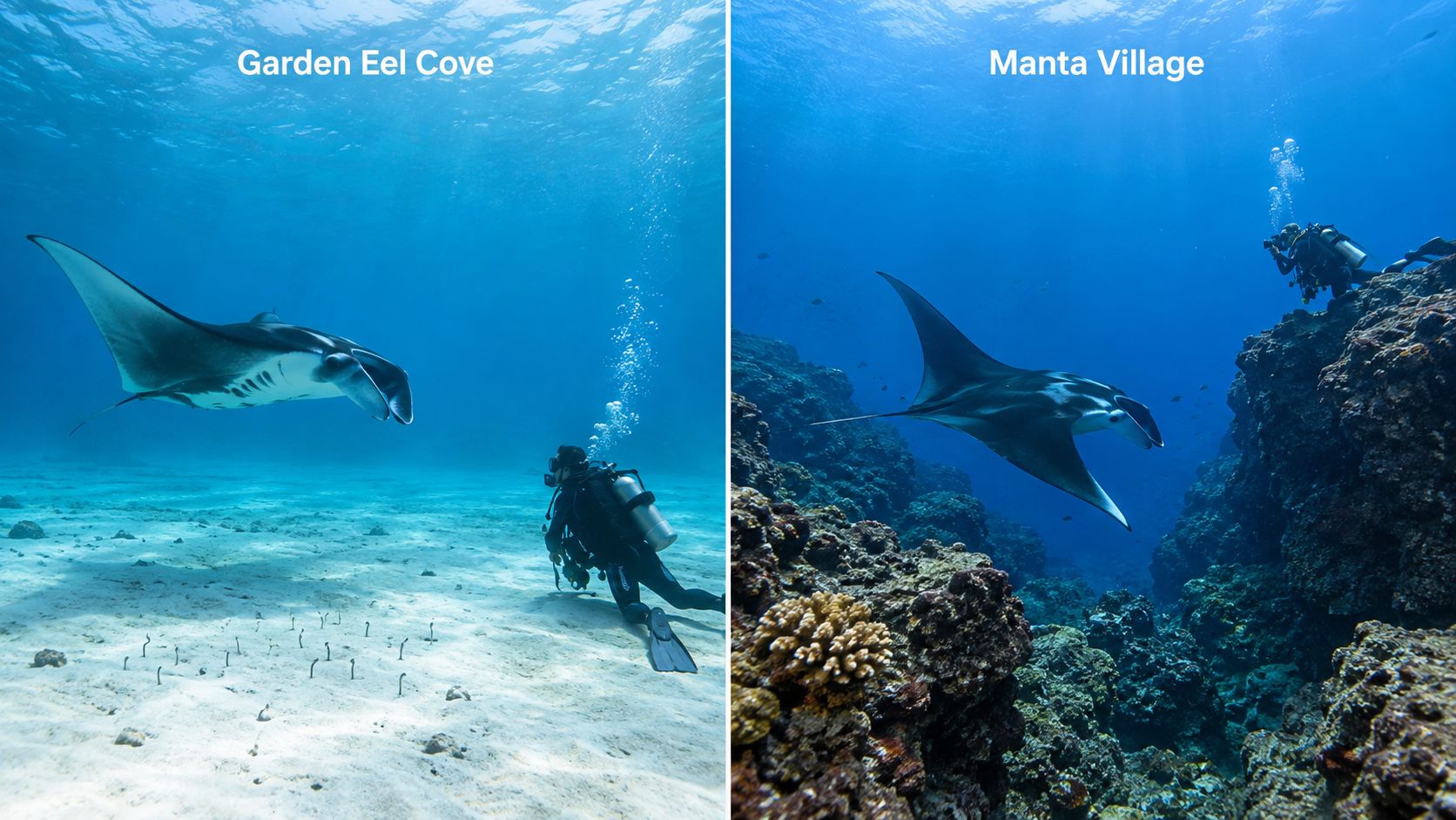Scuba divers swimming alongside graceful manta rays in the tropical waters of Hawaii.