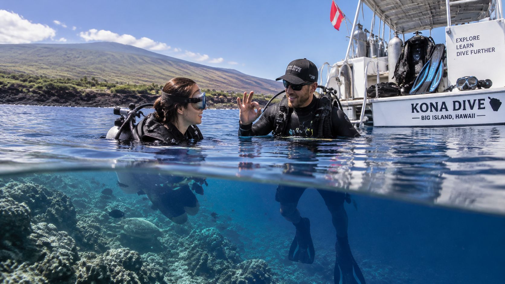 A scuba instructor gives an okay sign to a student next to a boat in Kona Hawaii.