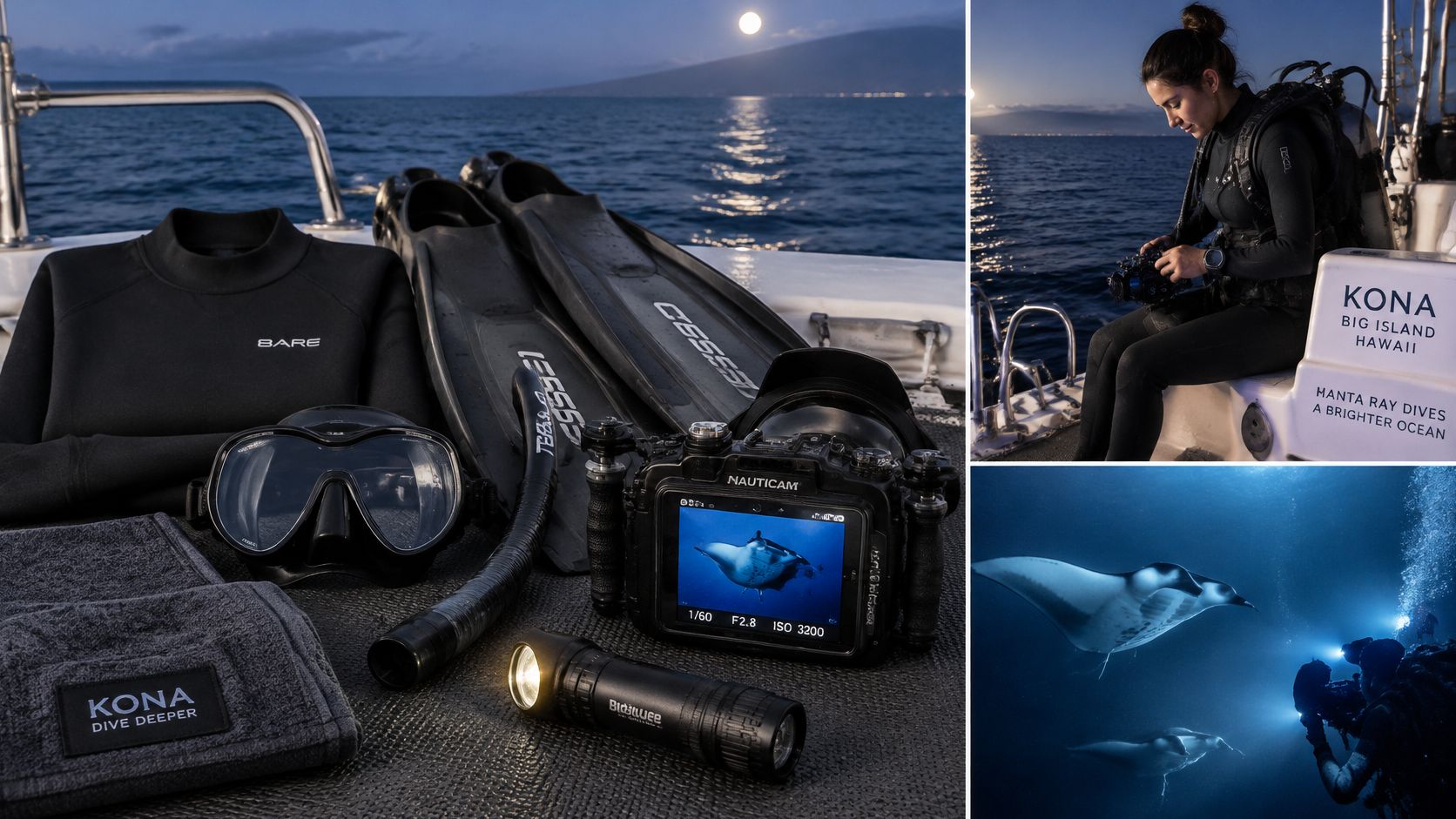 Scuba diving equipment and underwater photography gear displayed on a boat in Kona, Hawaii for night diving.