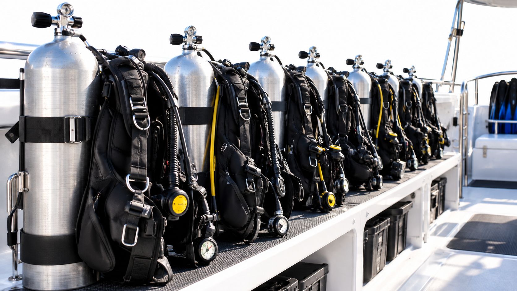 A row of scuba diving equipment and metal air tanks lined up on a boat deck.