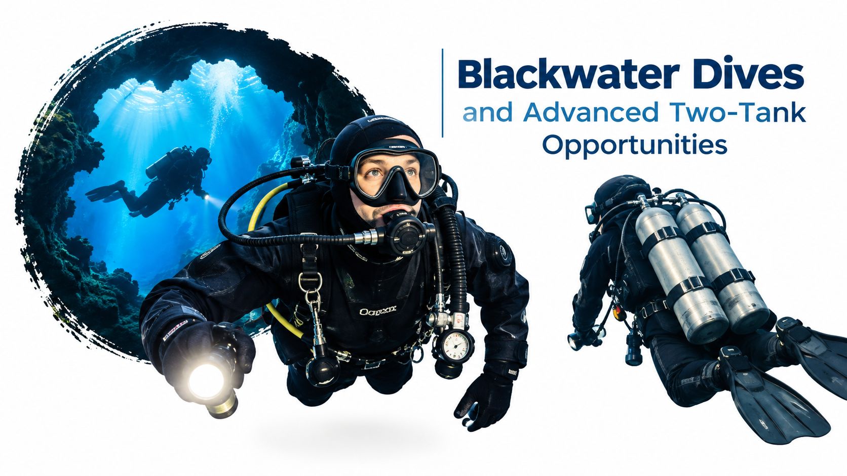 Scuba divers exploring underwater, emphasizing blackwater dives and advanced two-tank scuba diving equipment and techniques.