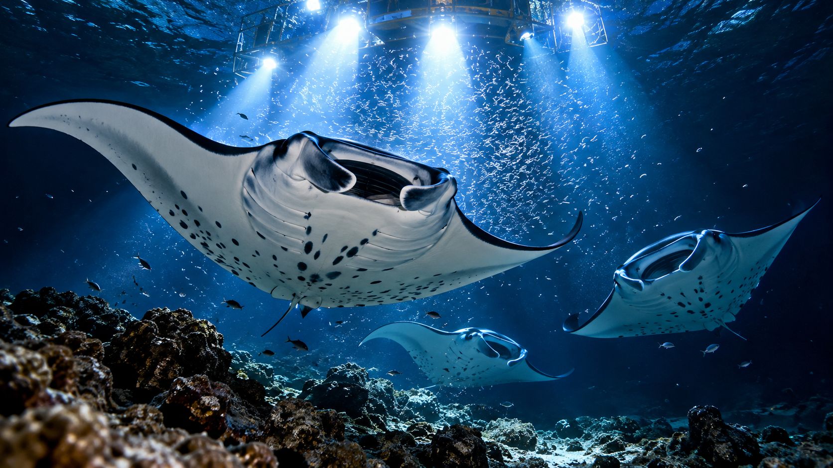 A large manta ray swimming near a lit underwater platform at night with other rays nearby.