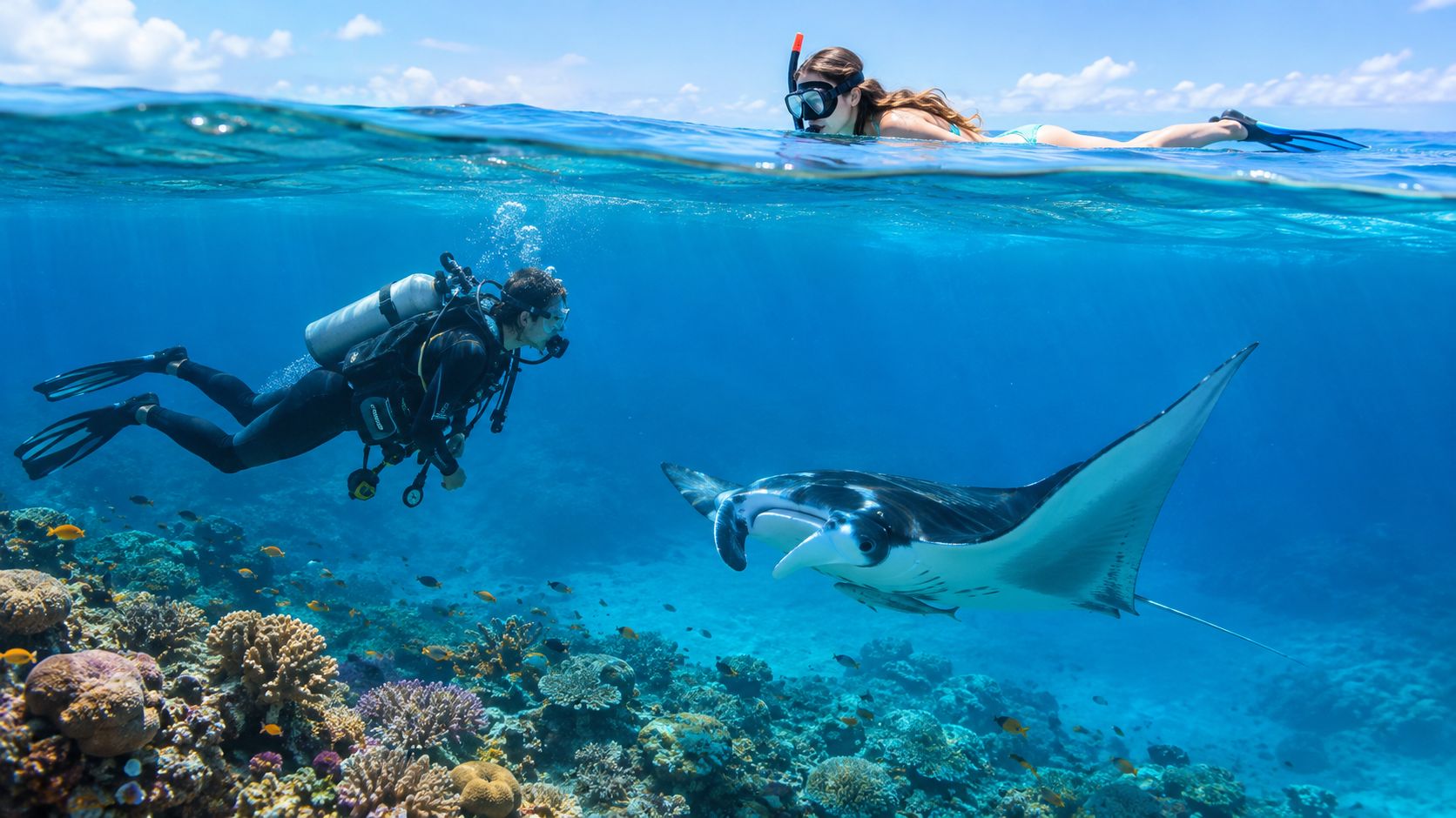 A scuba diver swimming near a large manta ray while a snorkeler watches from the water surface
