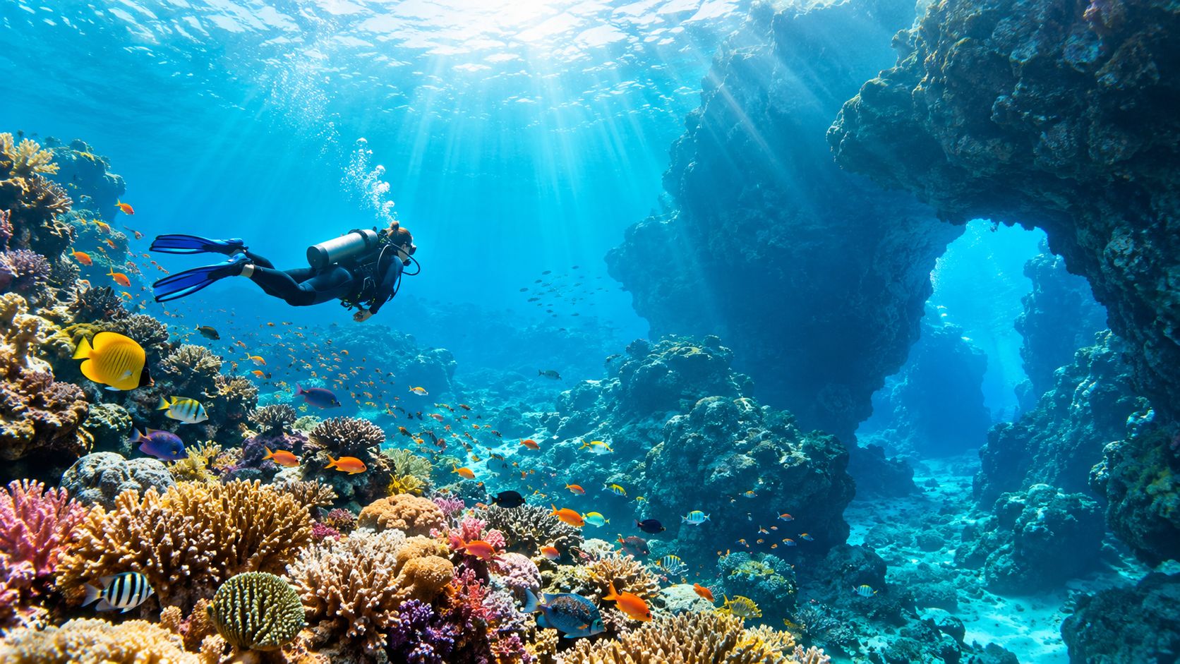 A scuba diver explores a vibrant coral reef filled with colorful tropical fish under bright sunlight