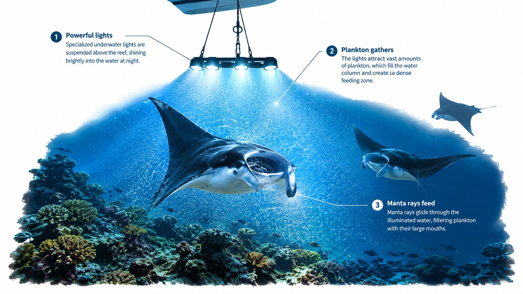 A diagram shows manta rays feeding on plankton attracted by underwater lights suspended above a tropical coral reef.