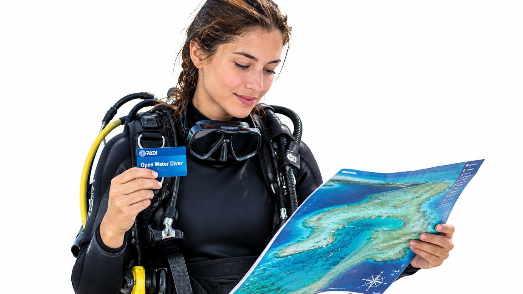A female scuba diver holding a PADI certification card and looking at a map of a reef.