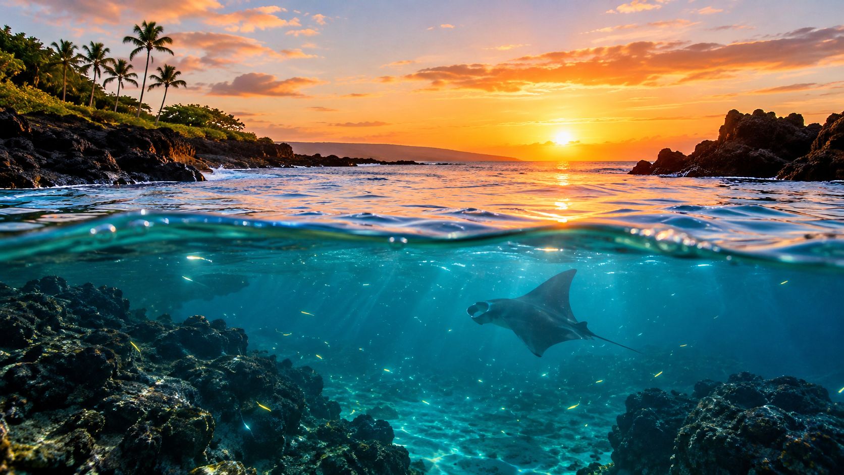 A scenic split-level underwater view of a manta ray swimming near coral reefs at a sunset beach.