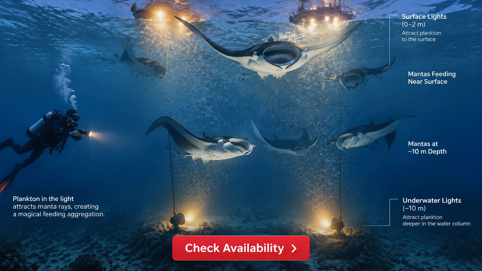 A scuba diver observing multiple manta rays feeding on plankton illuminated by boat and underwater lights.