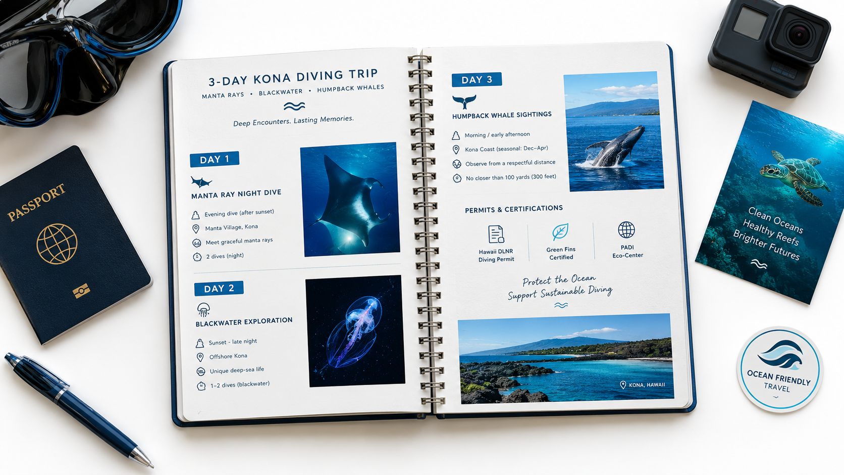 A travel journal open on a desk displaying a 3-day Kona diving itinerary alongside travel accessories.