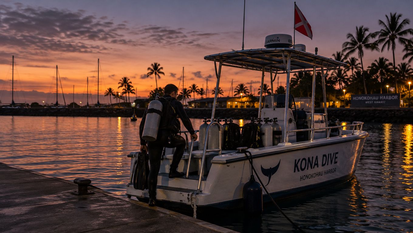 A scuba diver boarding a dive boat in Honokohau Harbor at sunset in Hawaii.